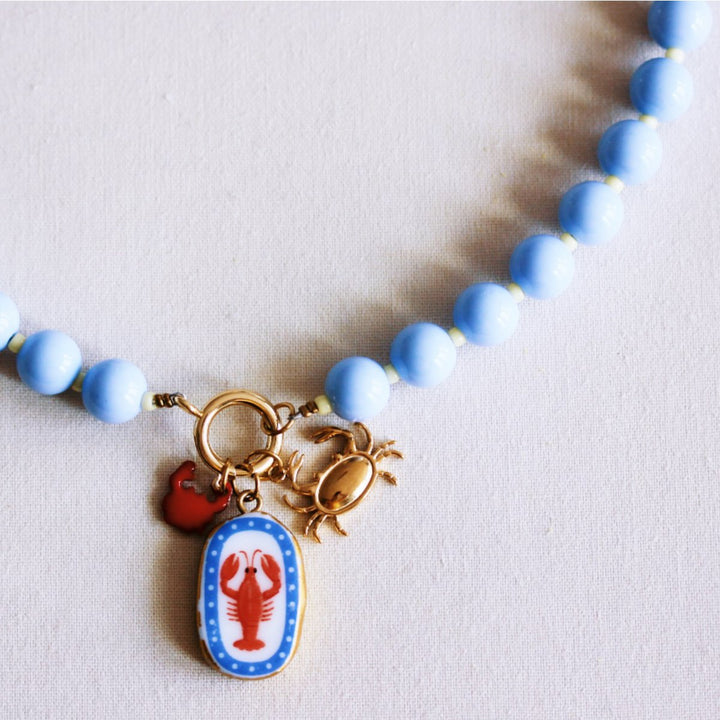 Halskette - Miyuki-Perlenkette XL - Hellblau/Gelb mit Charms