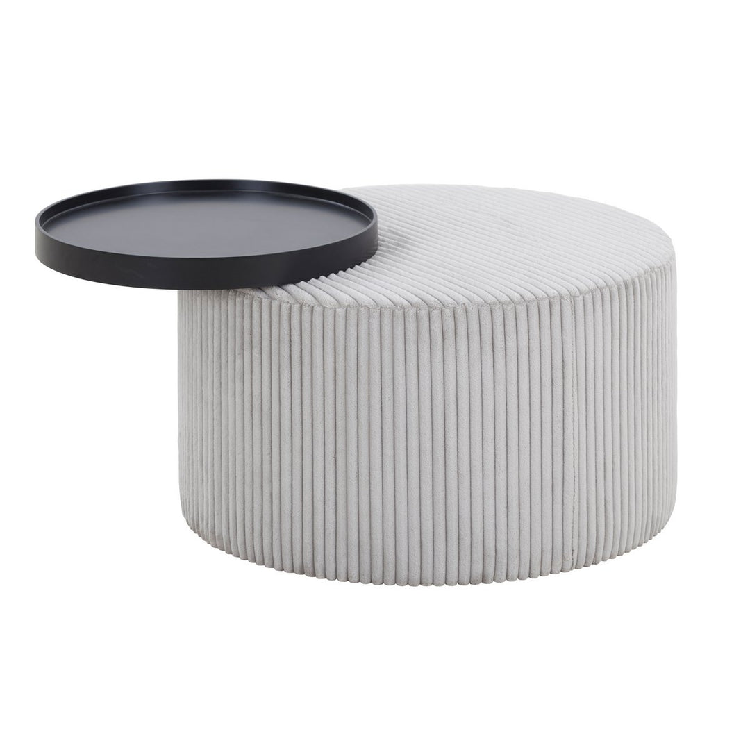 Couchtisch BALDUR - runder Tisch mit Tablett Ablage - Cord Textur Grau