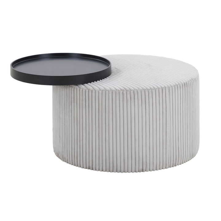 Couchtisch BALDUR - runder Tisch mit Tablett Ablage - Cord Textur Grau