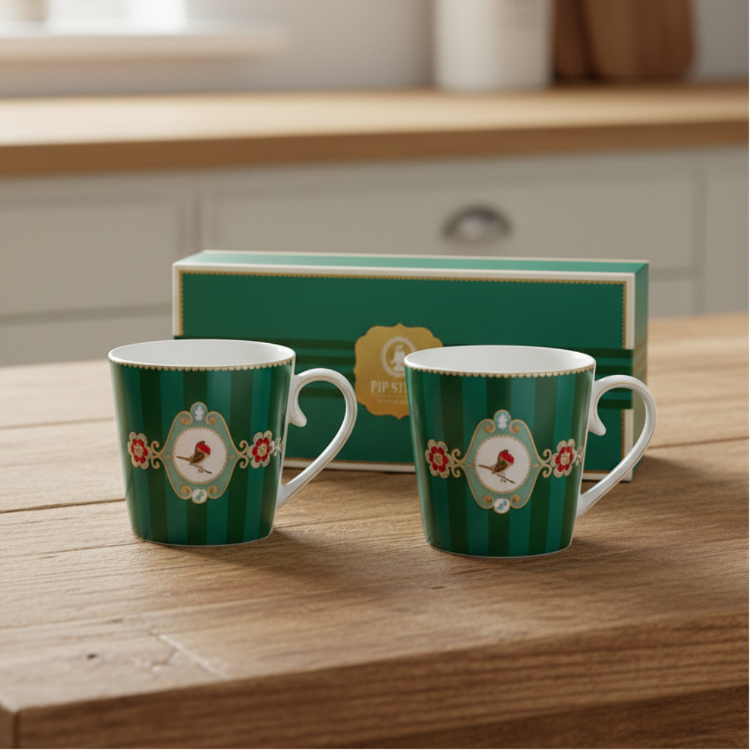 Tassen groß 2er-Set LOVE BIRDS MEDALLION Stripes GREEN