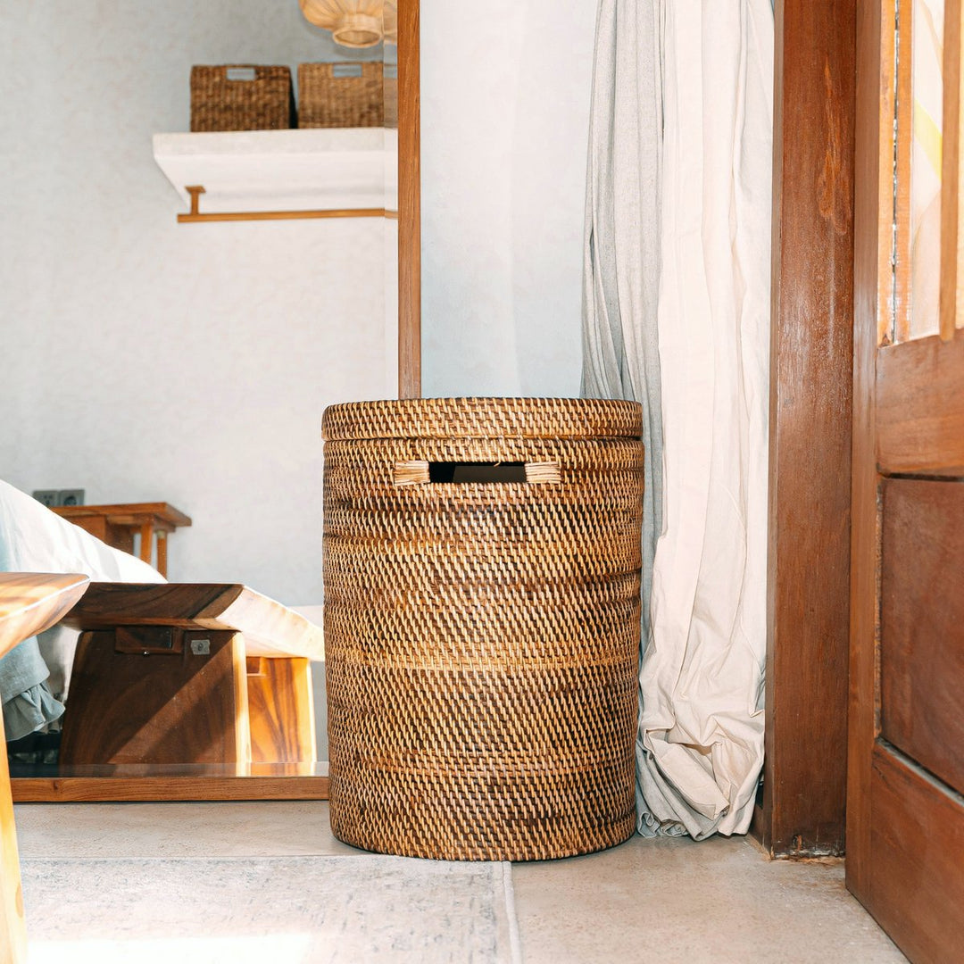 Boho Aufbewahrungskorb SARI - Handgefertigter Wäschekorb mit Deckel - braun