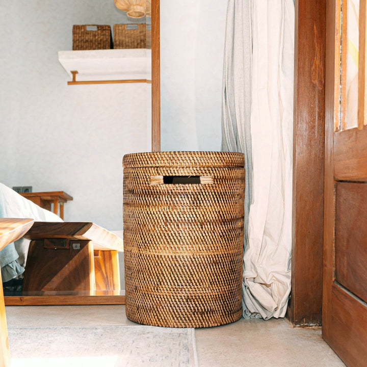Boho Aufbewahrungskorb SARI - Handgefertigter Wäschekorb mit Deckel - braun