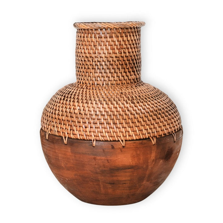 Boho-Dekovase KAMARI - Rattanvase - Holzvase - Vase aus geflochtenem Rattan und Holz
