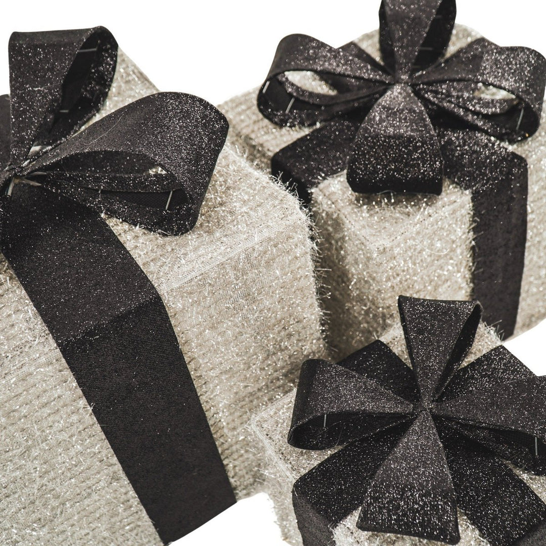 LED Weihnachtsdeko / Geschenkboxen – Silber/Schwarz – 3er-Set