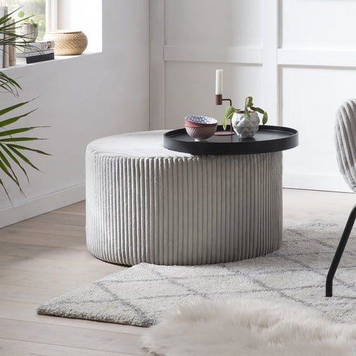 Couchtisch BALDUR - runder Tisch mit Tablett Ablage - Cord Textur Grau