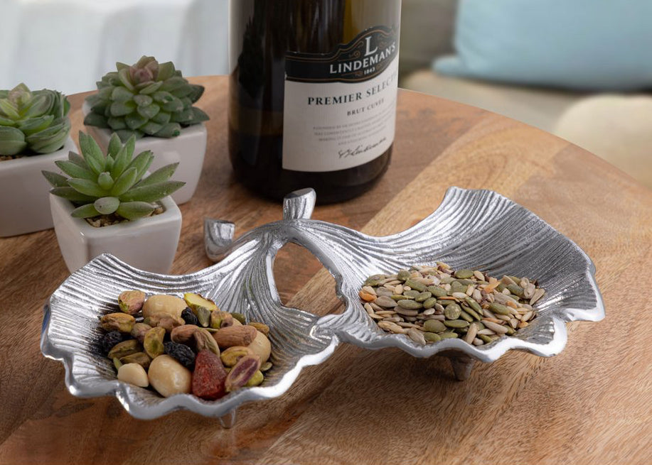 Dekoschale - Snackschale - Schale 2 Ginkgoblätter - Doppelschale - Aluminium gold o. silber