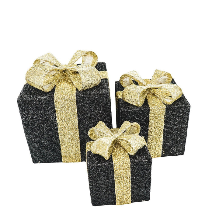 LED Weihnachtsdeko / Geschenkboxen – Schwarz/Gold – 3er-Set