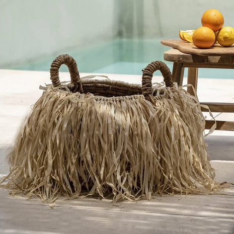 RAFFIA Korb - Aufbewahrungskorb mit Griffen - Bast Natur L