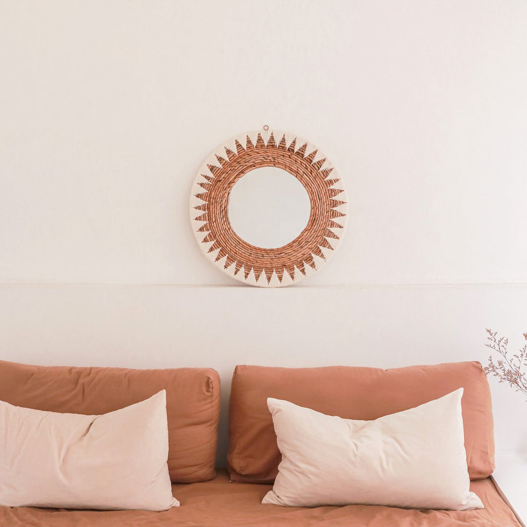 runder Wandspiegel AWAN - Boho Wanddekoration mit Muster aus Baumwollkordeln