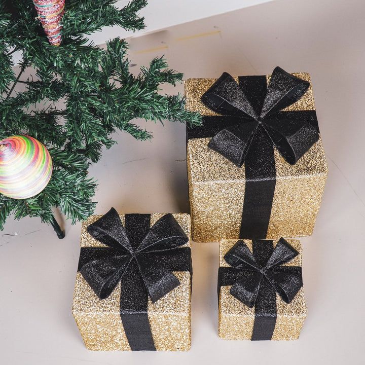 LED Weihnachtsdeko / Geschenkboxen – Gold/Schwarz – 3er-Set