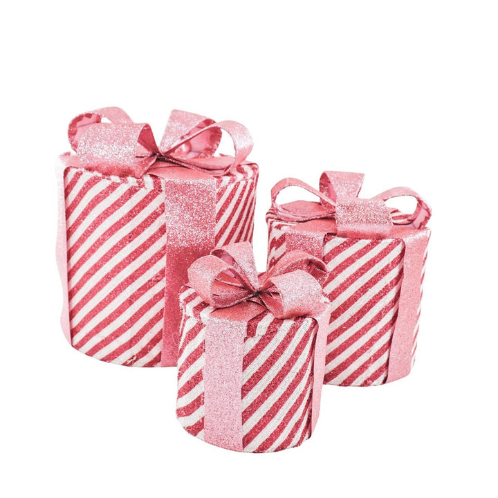 LED-Weihnachtsgeschenke – 3er-Set / rund – Pink/Weiß – 15/20/25 cm