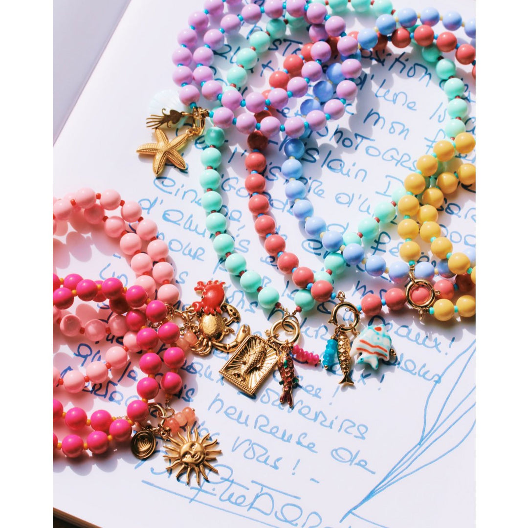 Halskette - Miyuki-Perlenkette XL - Flieder/Aqua mit Charms