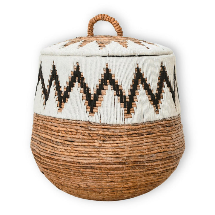 Handgeflochtener Korb mit Deckel PALEM - Wäschekorb - großer Boho-Korb - Baumwollmuster - 3 Größen