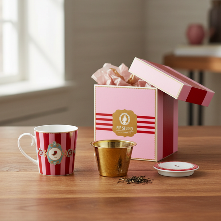 Tea for One LOVE BIRDS MEDALLION Stripes RED