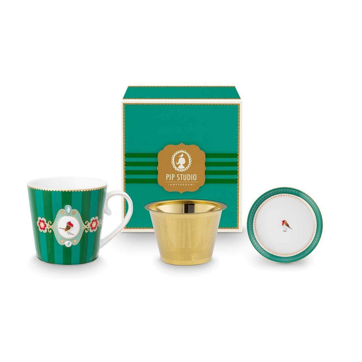 Tea for One LOVE BIRDS MEDALLION Stripes GREEN