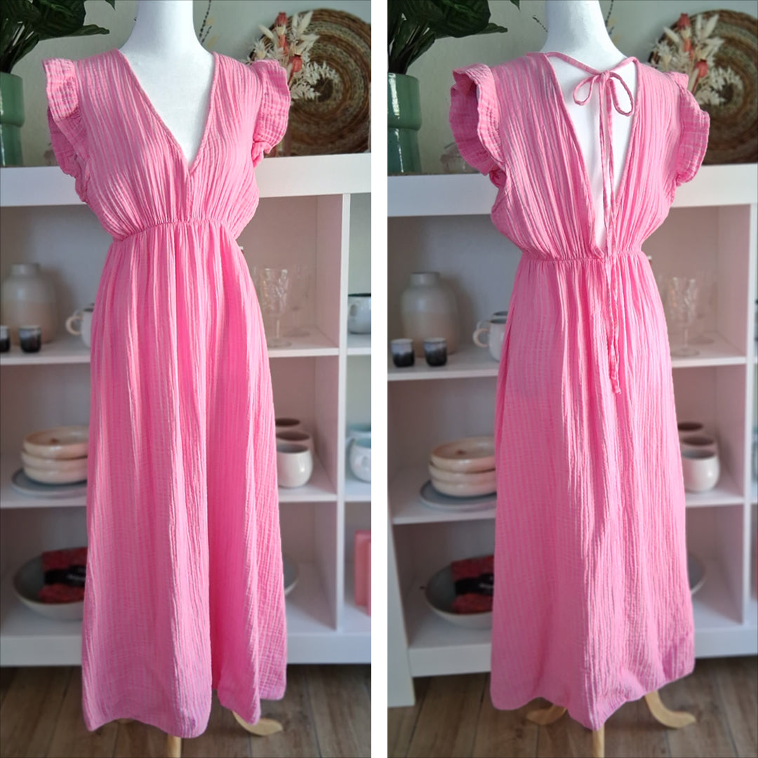 Maxikleid - tiefe V-Ausschnitte - Musselin rosa-pink gestreift