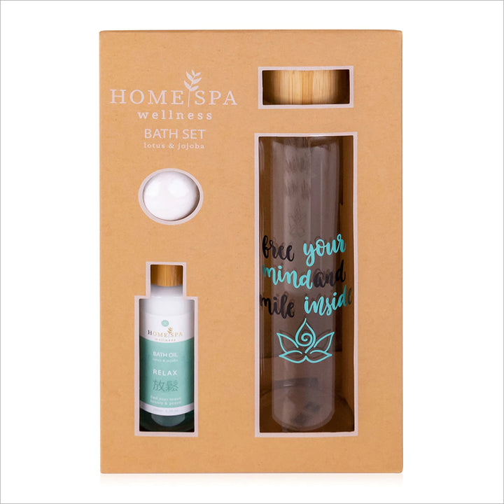 Geschenkset HOME SPA - Lotus & Jojoba - Badeöl, Badebombe und Glas-Trinkflasche