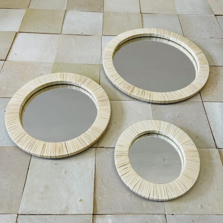 Dekospiegel mit Raffia Umrandung - 3er-Set Wanddeko
