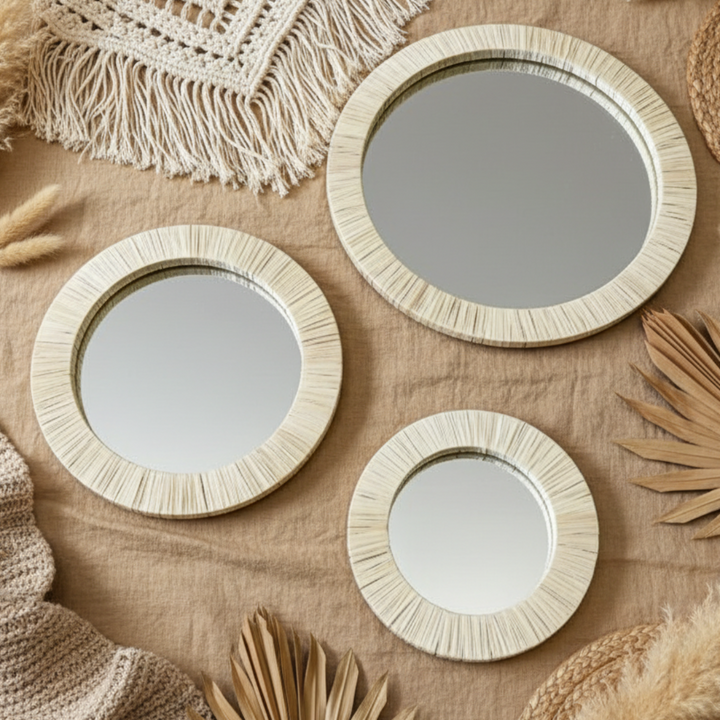 Dekospiegel mit Raffia Umrandung - 3er-Set Wanddeko