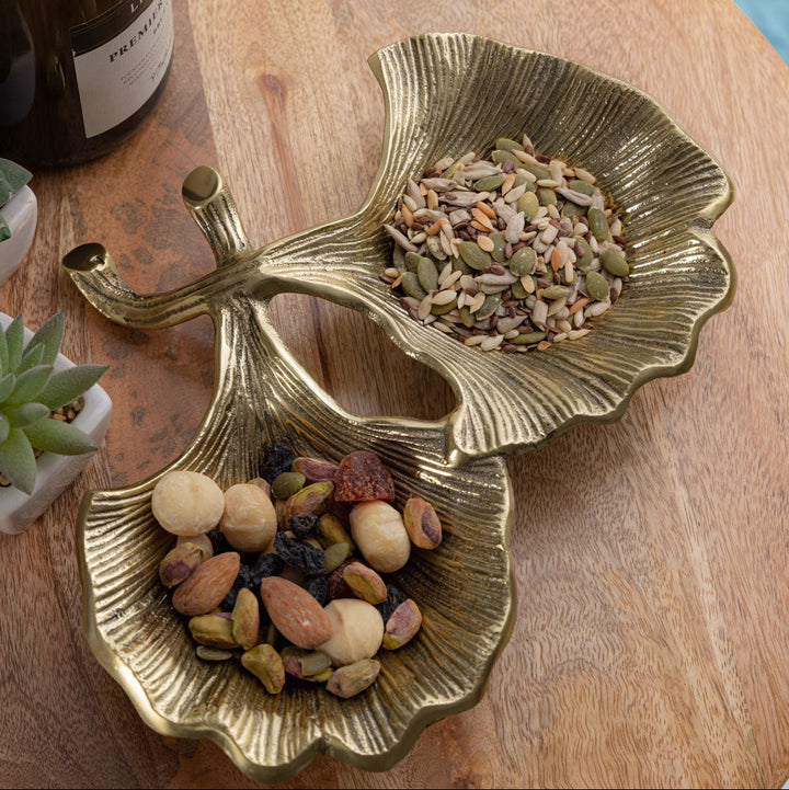 Dekoschale - Snackschale - Schale 2 Ginkgoblätter - Doppelschale - Aluminium gold o. silber