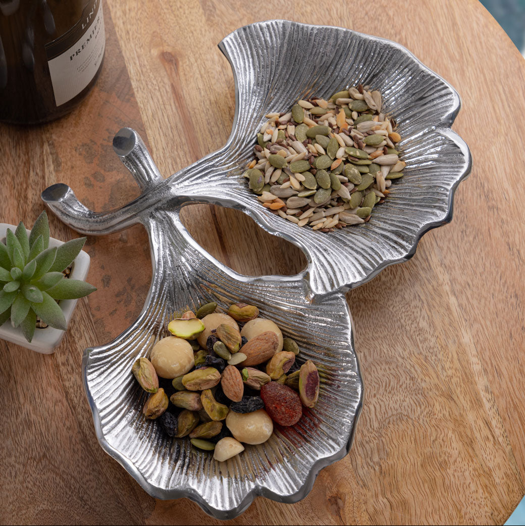 Dekoschale - Snackschale - Schale 2 Ginkgoblätter - Doppelschale - Aluminium gold o. silber