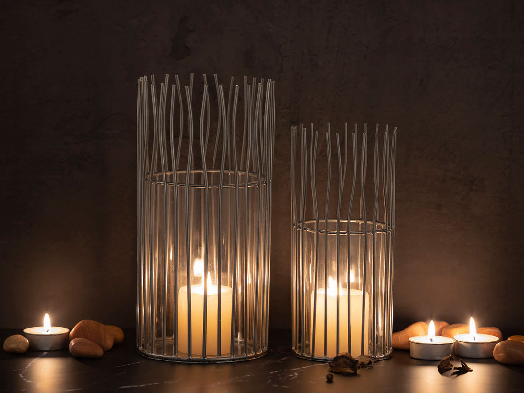 Windlichter mit Glaseinsatz - Kerzenhalter - Drahtgeflecht schwarz o. silber - 2er-Set