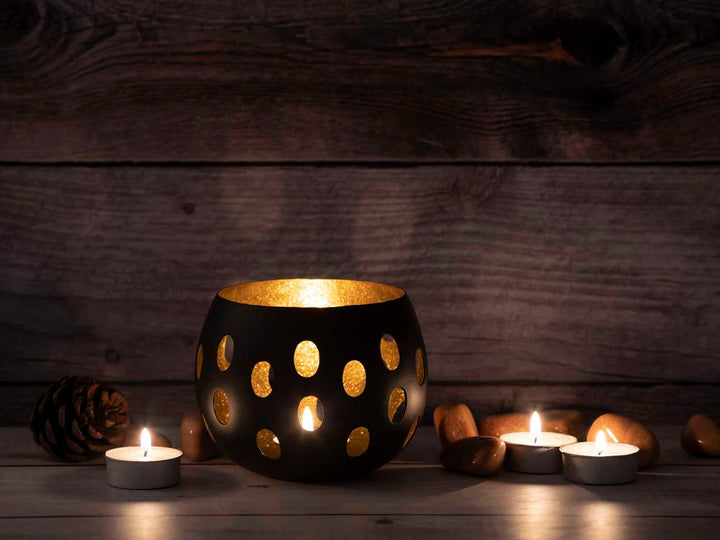 Teelichthalter FLORINA - Windlicht - Kerzenhalter 2er-Set - Kugelform schwarz-gold