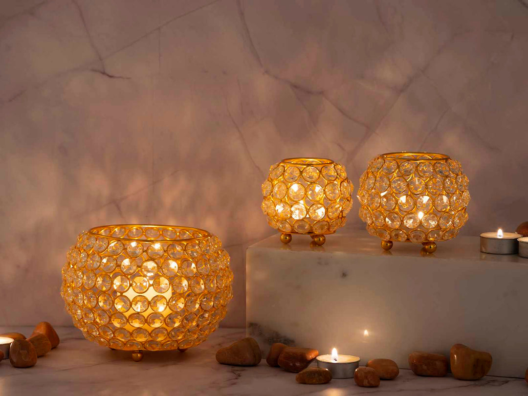 Teelichthalter CRYSTAL - Windlicht - Kerzenhalter Vintage Kristall - Kerzenständer 3er-Set gold o. silber