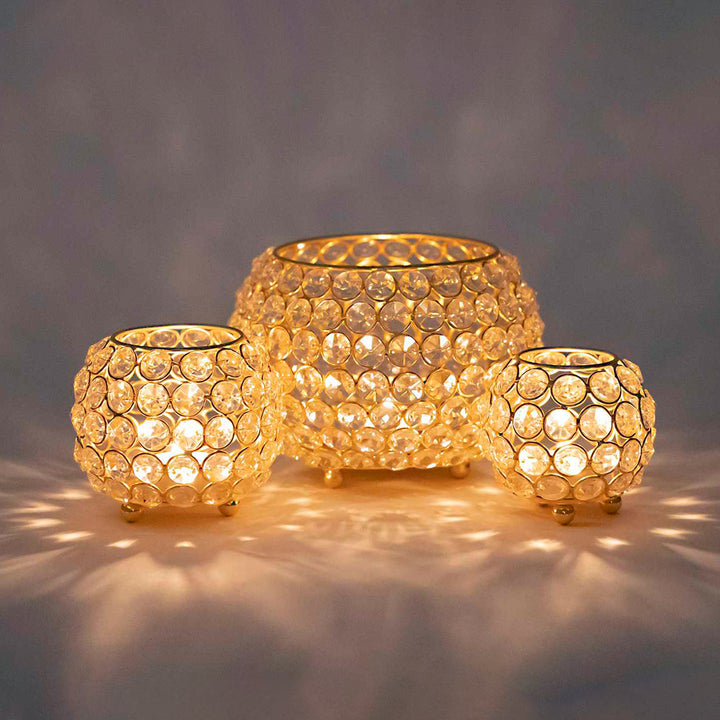 Teelichthalter CRYSTAL - Windlicht - Kerzenhalter Vintage Kristall - Kerzenständer 3er-Set gold o. silber