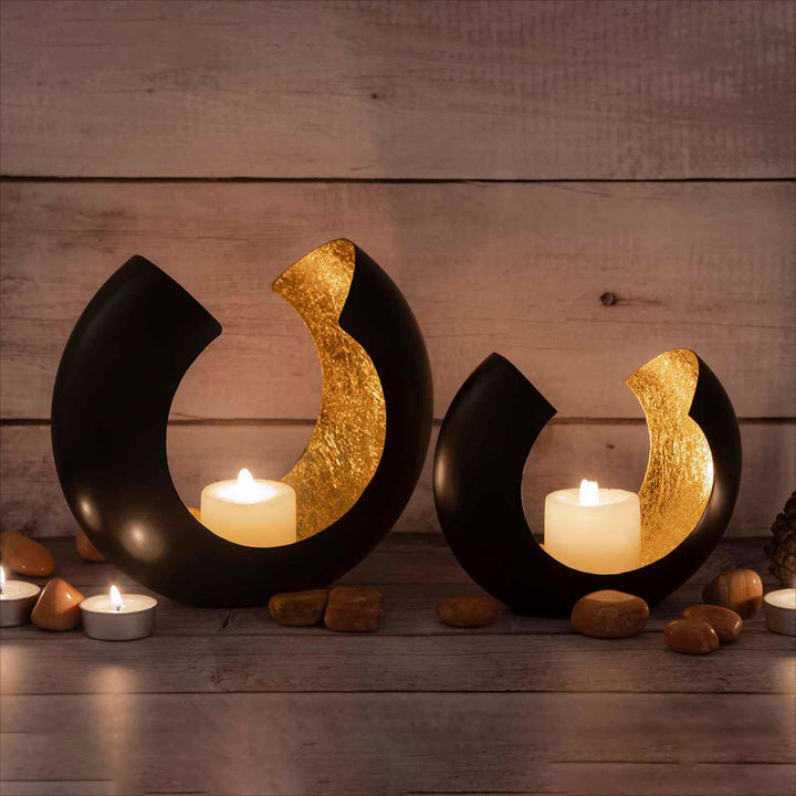 Teelichthalter OMEGA - Windlicht - Kerzenhalter 2er-Set - Bogenform schwarz-gold
