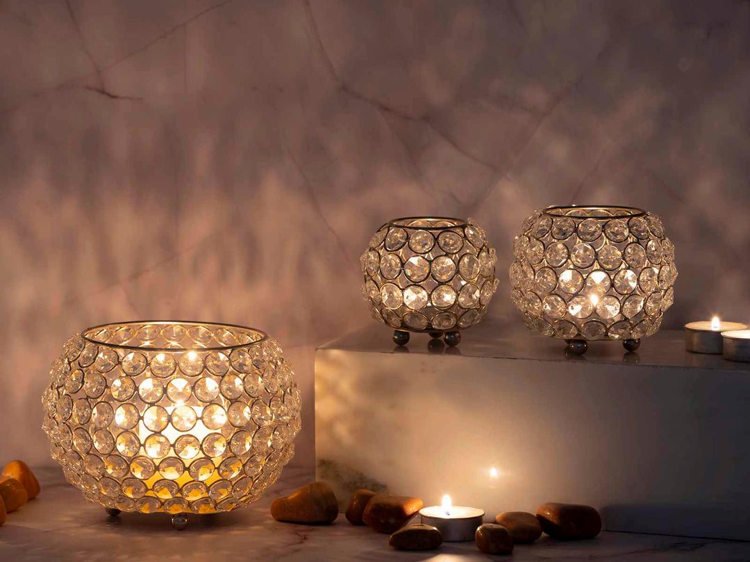 Teelichthalter CRYSTAL - Windlicht - Kerzenhalter Vintage Kristall - Kerzenständer 3er-Set gold o. silber